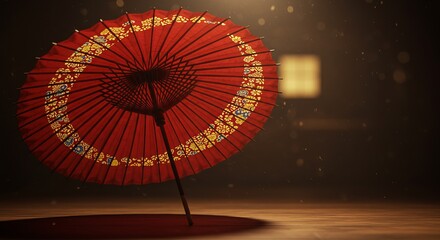 A Japanese red umbrella with yellow and blue accents