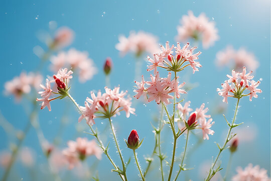 Delicate pink wildflowers bloom against a bright blue sky