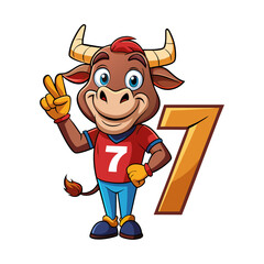 Playful Bull Character with Big Number Seven Vector Illustration for Kids, Fun Animal Alphabet, Nursery Art, Educational Children Book