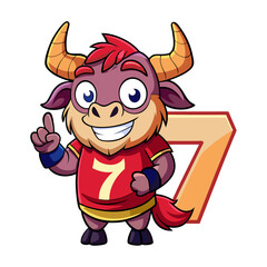 Playful Bull Character with Big Number Seven Vector Illustration for Kids, Fun Animal Alphabet, Nursery Art, Educational Children Book