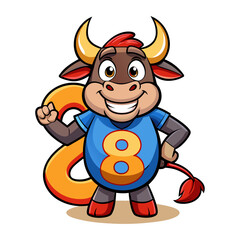 Playful Bull Character with Big Number Eight | Fun Cartoon Animal Illustration for Kids Learning Numbers | Children Book Artwork