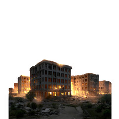 Ruined abandoned buildings with glowing windows in a desolate postapocalyptic urban landscape, conveying a sense of destruction, decay, and eerie atmosphere isolated on transparent background