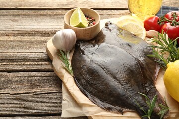 Fresh flounder fish, spices and products on wooden table, closeup. Raw seafood