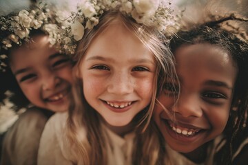 Fototapeta premium Joyful children smiling brightly with flower crowns, celebrating friendship and happiness together