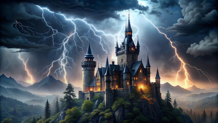 A castle on a hill during a stormy night with lightning