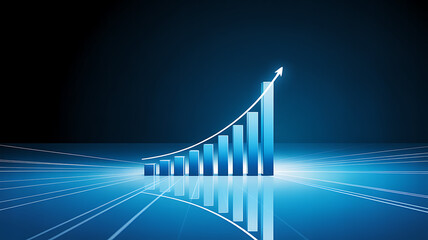 A futuristic blue graph with rising bars and an arrow indicating growth, set against a dark gradient background, symbolizing business success and progress.