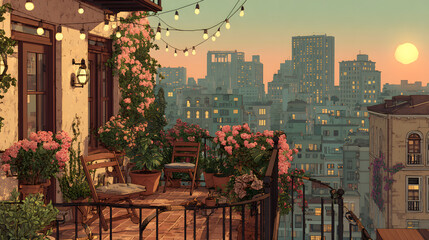 Enjoy a peaceful moment on a charming balcony adorned with vibrant flowers as the sun sets, casting a warm glow over the city skyline
