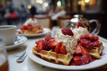 Belgian waffles strawberries and cream Brussels street caf