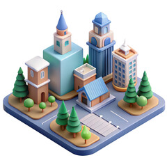 Isometric 3D cartoon city with diverse buildings and trees isolated on a transparent background