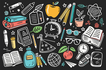 Back To School icon set. Chalk hand drawn doodle icons on chalkboard. Containing school supplies, stationery