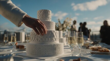Crisp medium shot capturing a hand reaching for a 3D printed wedding cake tasting flight on a rooftop table the futuristic cake textures emphasized while the drone and guests fade