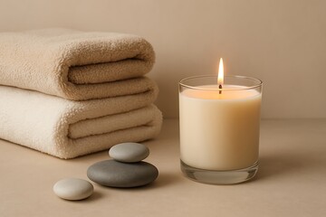 Indulge in a moment of tranquility with fluffy towels, soothing stones, and a warmly glowing candle for a serene spa escape in your own luxurious bathroom