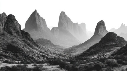 Monochromatic vista of a valley surrounded by tall, rugged, pointed mountains