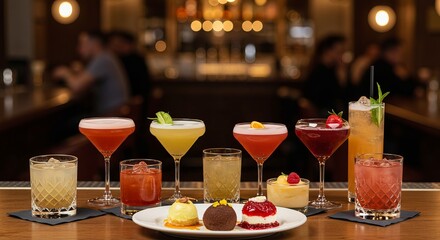 A vibrant showcase of flavorful cocktails and desserts at a stylish bar