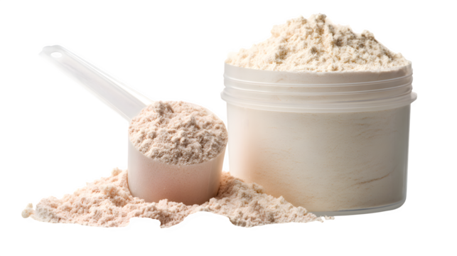 A close-up of a fitness nutrition supplement container with scoops of protein powder