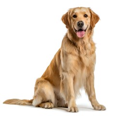 A beautiful golden retriever dog sitting and looking at the camera with its mouth open and tongue out, isolated on a white background