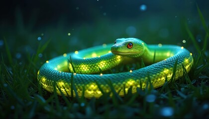 Fototapeta premium Mysterious glowing green snake coils in dark grassy field at night. Bioluminescent reptile features intricate scales, bright red eyes. Small glowing lights float around, creating magical forest