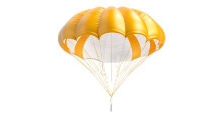 Yellow parachute isolated on white background. Safety equipment concept.   Isolated on transparent background, png.	