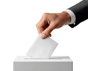 A hand in a suit jacket inserts a blank ballot into a white voting box