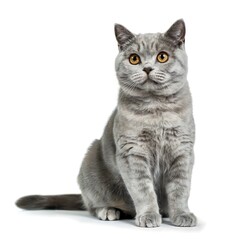 Fototapeta premium Cute grey british shorthair cat with orange eyes sitting and looking at the camera, isolated on white background