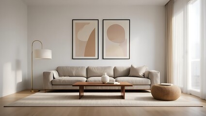 Elegant Living Room with Beige Sofa Modern Art and Natural Light for Interior Design Inspiration