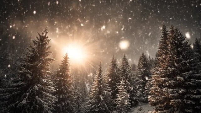 Snowy forest landscape with tall, snow-covered pine trees and a bright sun shining through falling snow