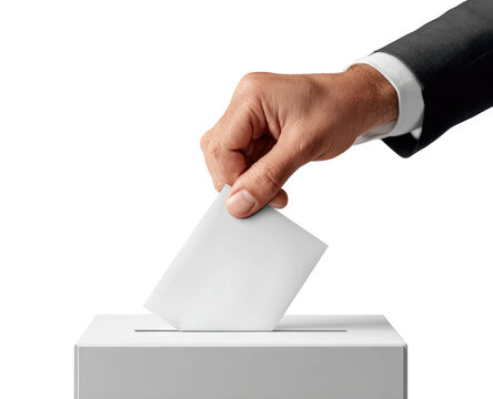 A hand in a suit jacket inserts a blank ballot into a white voting box