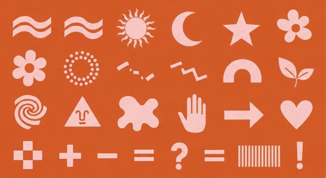 Collection of stylized white graphic icons and symbols on a warm orange background representing nature celestial bodies and abstract shapes