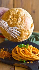 Large loaf of bread, spicy pasta dish