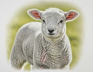 Fototapeta premium Adorable White Lamb Standing in a Lush Green Meadow Portrait