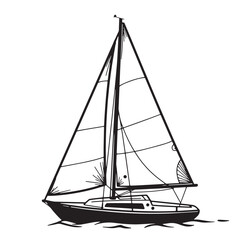 Obraz premium Simple black and white illustration of a sailboat sailing on the ocean waters for design.