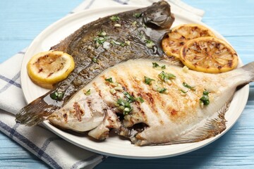 Tasty roasted flounder fish with herbs and lemon slices on light blue wooden table, closeup. Homemade seafood dish