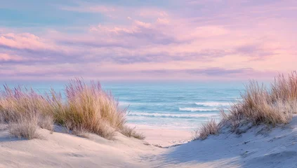 Poster Purper Serene beach dune landscape at sunset, soft pastel sky  © NADIA