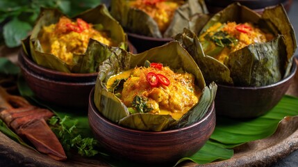 Cambodian amok curry banana leaf bowls traditional serving style