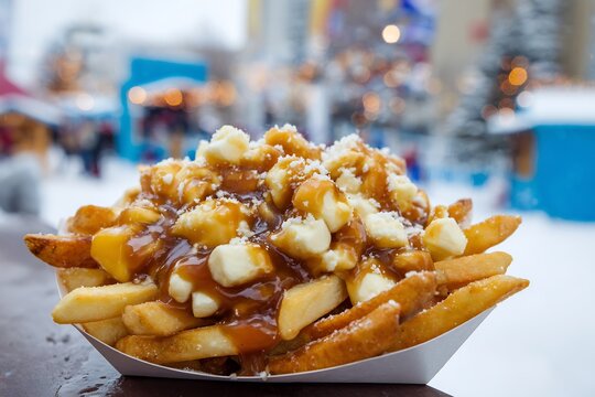Canadian poutine fries cheese curds and gravy snow festival background