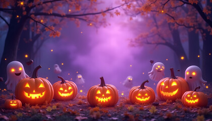 Whimsical Halloween Banner Design Featuring Cheerful Pumpkins and Playful Ghosts in a Violet Setting with Spooky Atmosphere and Autumn Leaves