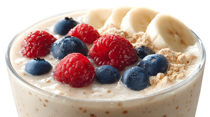 A close-up of a healthy smoothie with fruits and protein powder, ready to fuel a post-workout recovery
