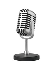 A vintage silver microphone with a classic design, isolated on a white background, representing audio recording, music performance, and broadcast communication