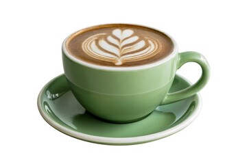 A steaming cup of latte coffee with intricate foam art, served in a green ceramic cup and saucer, isolated on a white background, representing a warm and comforting beverage