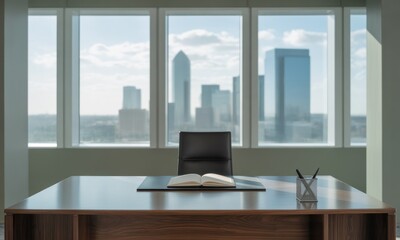 Fototapeta premium Office desk with open book, overlooking city skyline through large windows