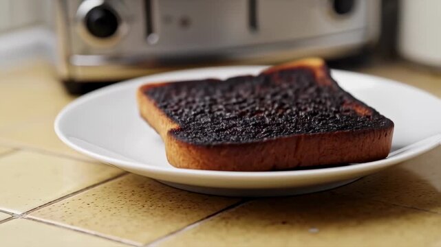 Time lapse of burnt toast falling onto a plate, showing the stages of overcooked bread preparation