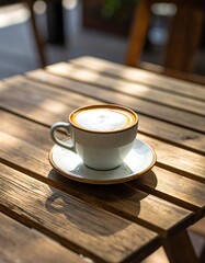 Latte on wooden table outdoors