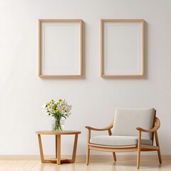 Minimalist Interior Design Mockup with Wooden Chair Frames and Flowers for Creative Display and Home Decor