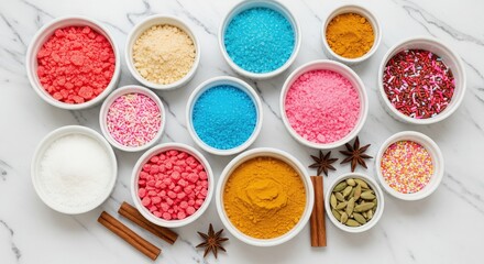 Vibrant Collection of Colorful Baking Ingredients on Marble Background