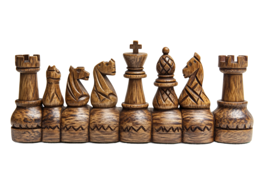 Vintage wooden chess set isolated on transparent background
