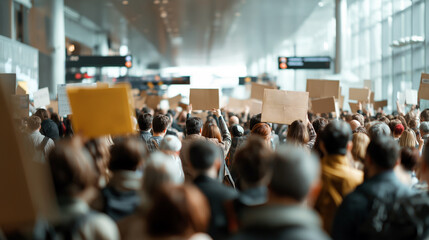 Obraz premium People waiting with signs in crowded international arrivals hall.