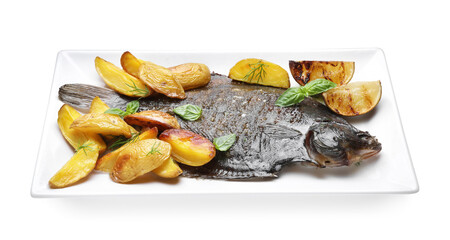 Tasty roasted flounder fish with potatoes, basil and lemon slices isolated on white. Homemade seafood dish