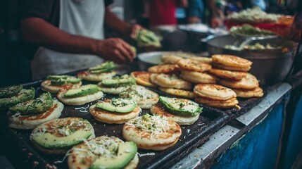 Colombian arepas cheese and avocado street food vendor