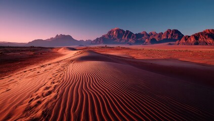 Naklejka premium Sunrise over red sand dunes and distant mountains