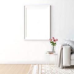 Minimalist Living Room with Blank White Frame Mockup Roses and Cozy Couch Interior Design Photography Home Decor Inspiration Modern Art Space